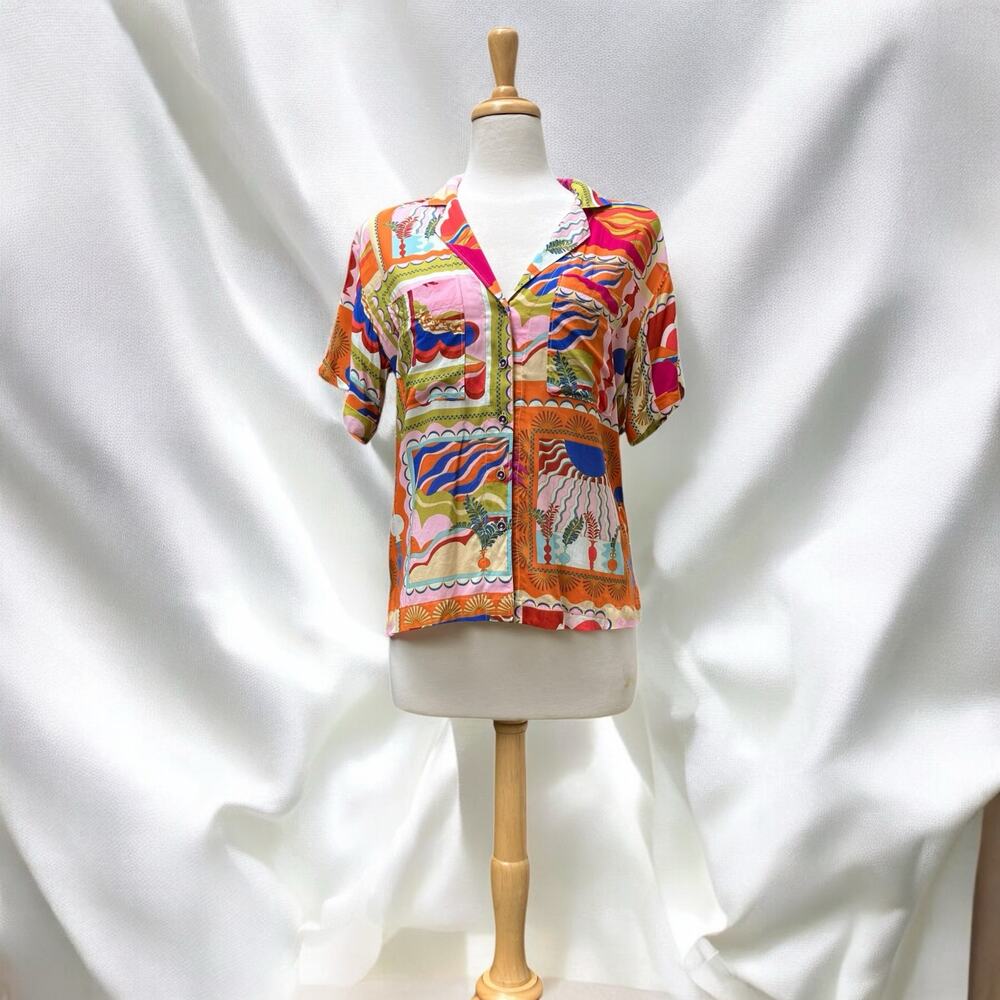 Orange and Pink Graphic Boxy Blouse with Notched Collar
